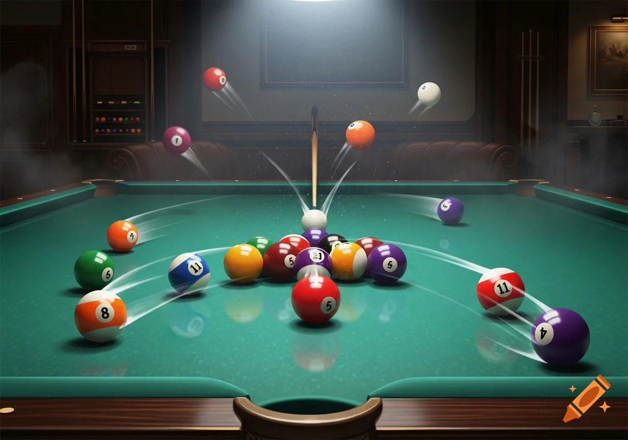 Billiard balls breaking on a green pool table with a cue stick striking the cue ball, sending balls flying.