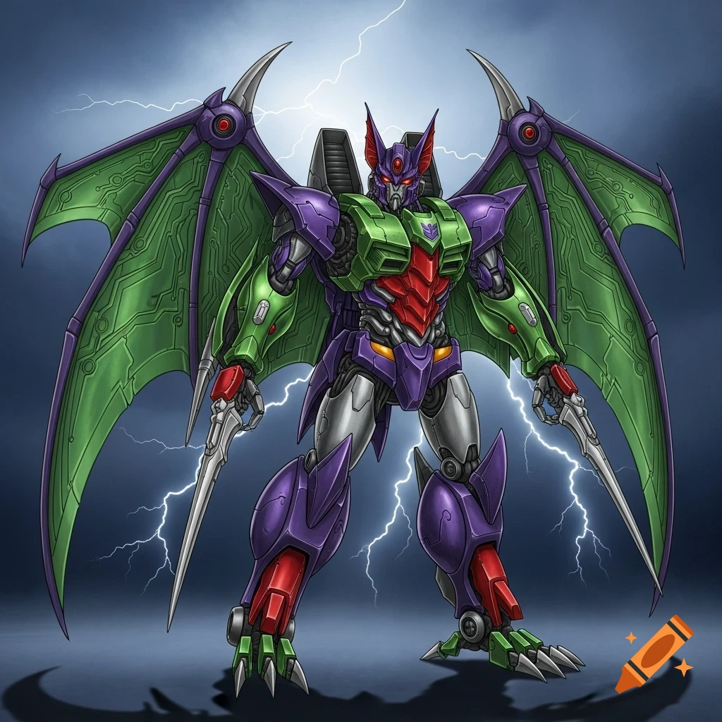 A bat-inspired Transformer robot in green, purple, and red, with large wings, holding bladed weapons, against a dark sky with lightning.