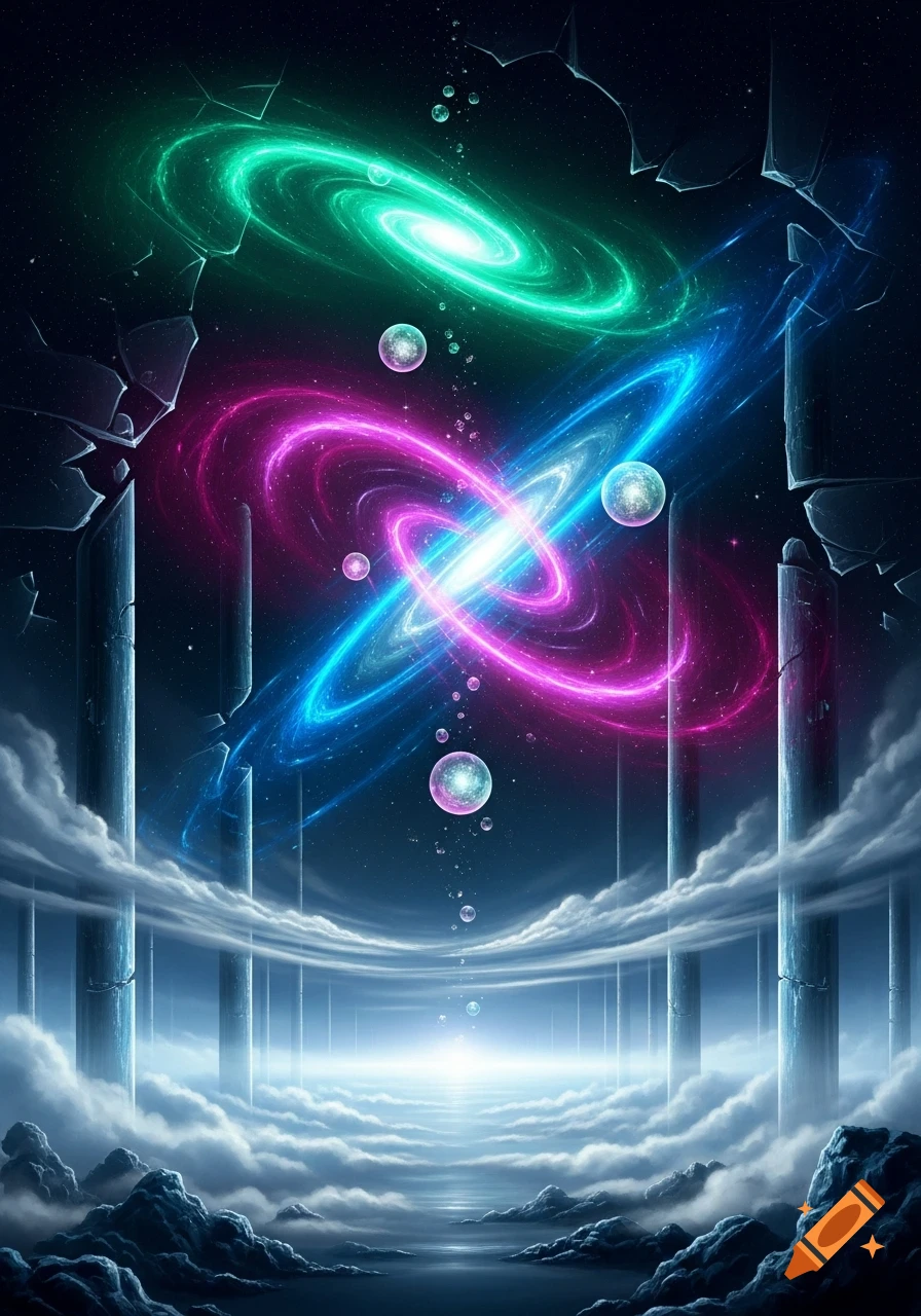 Vibrant cosmic scene with glowing green, pink, and blue spiral galaxies above pillars emerging from clouds in a starry sky.