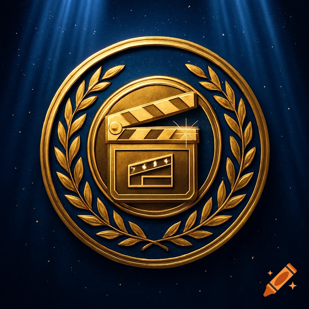 Golden circular award badge with a laurel wreath and a film clapperboard, on a dark blue background with light rays.