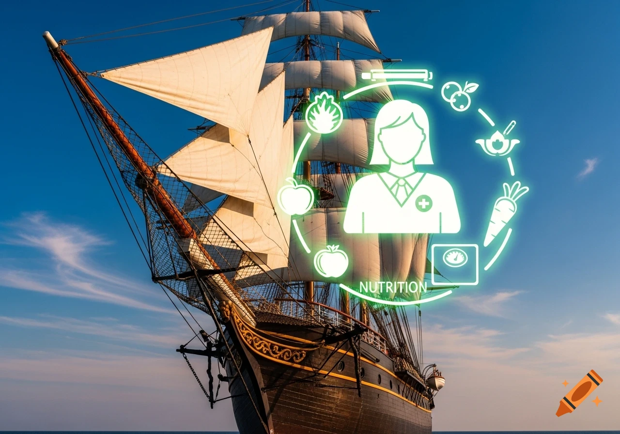 Photorealistic tall ship sailing on the ocean under a blue sky, overlaid with a glowing green nutritionist icon and food graphics, and the word NUTRITION.
