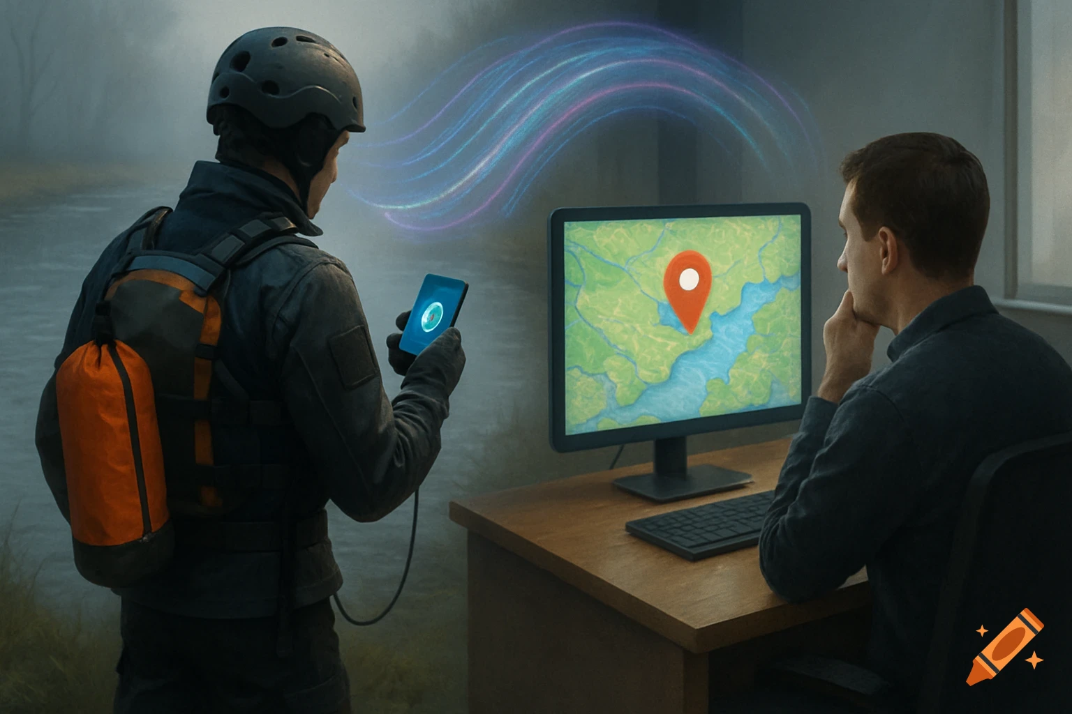 A person on a riverbank with a smartphone sending a signal to another person looking at a GPS map on a computer.