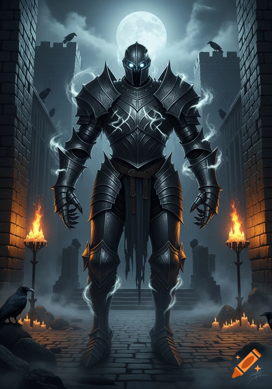 A knight in black spiked armor with glowing eyes stands in a misty castle courtyard under a full moon, with ravens, torches, and candles.