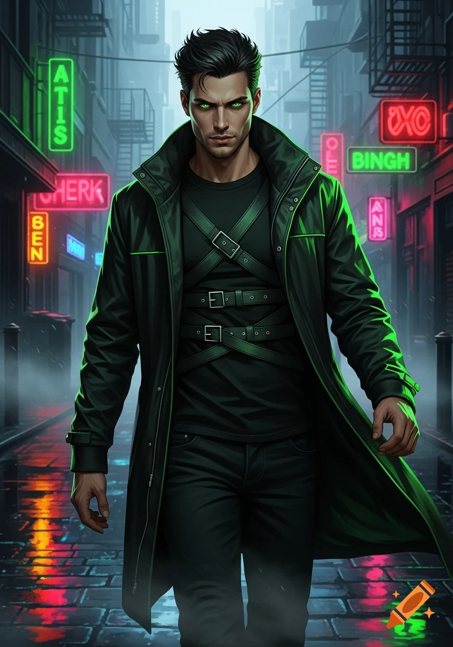 A stylized man with green glowing eyes in a dark green trench coat and harness walks down a wet, neon-lit cyberpunk alley.