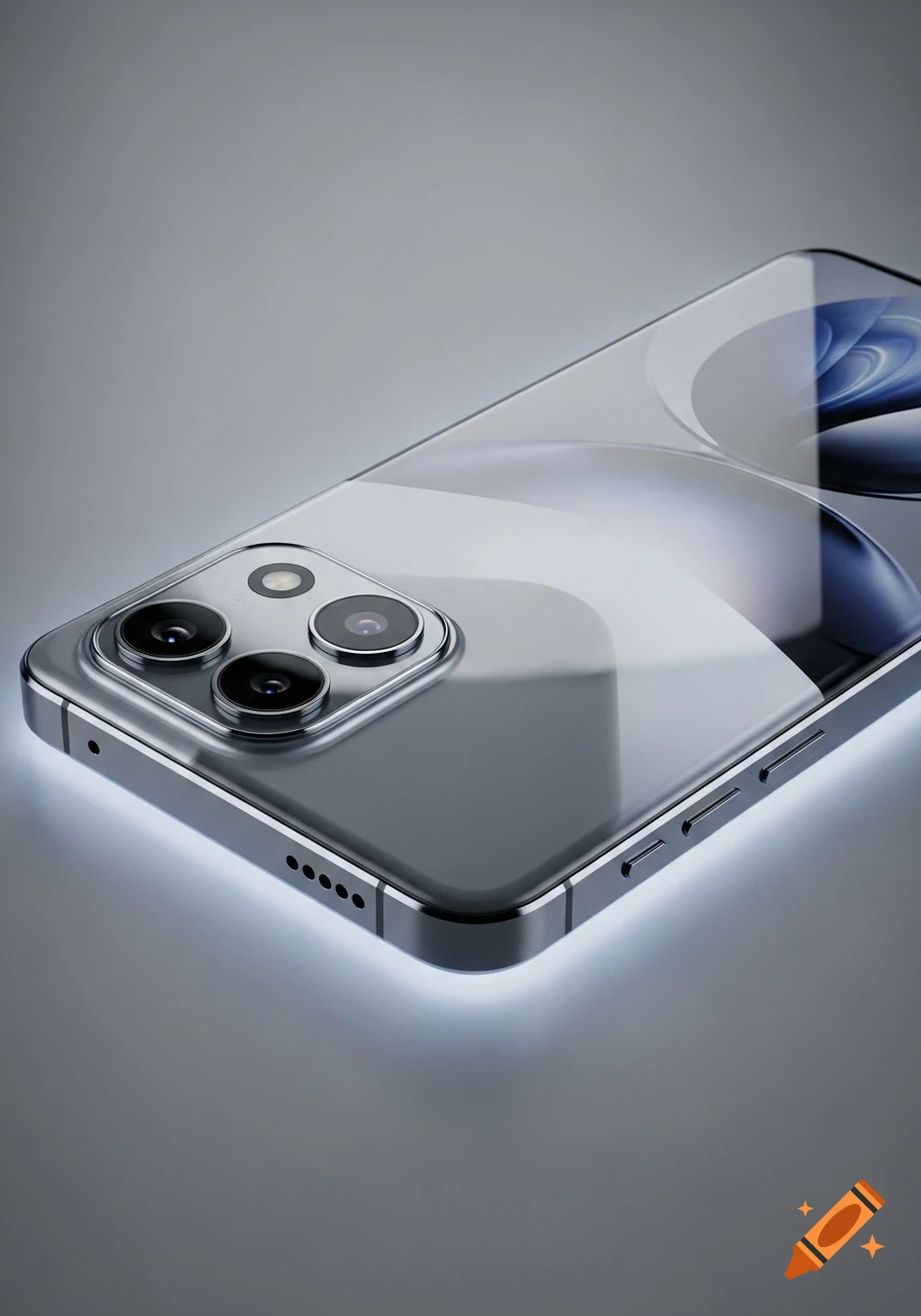 Photorealistic close-up of a silver smartphone with a triple camera and glowing edges.