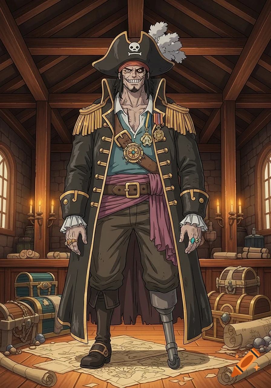 Ghibli-style anime illustration of a weathered pirate king with a peg leg and a shark-like grin in a treasure-filled wooden chamber.