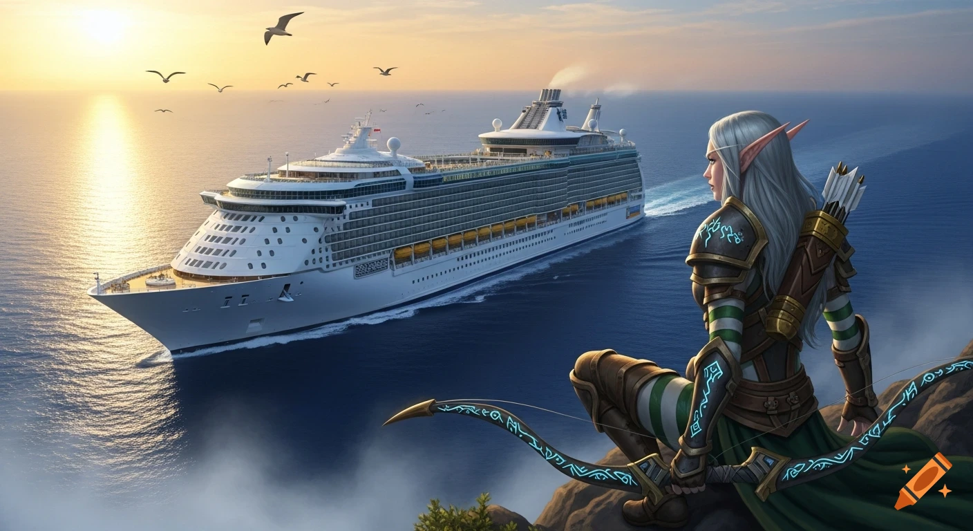 A fantasy elf hunter in armor with a bow crouches on a cliff, gazing at a large cruise ship sailing on a blue ocean at sunset.
