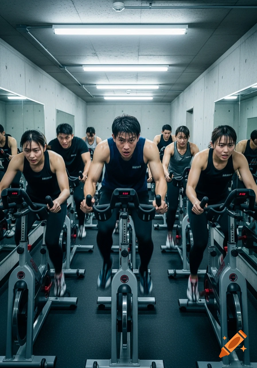 Group of determined people intensely exercising on stationary bikes in ...