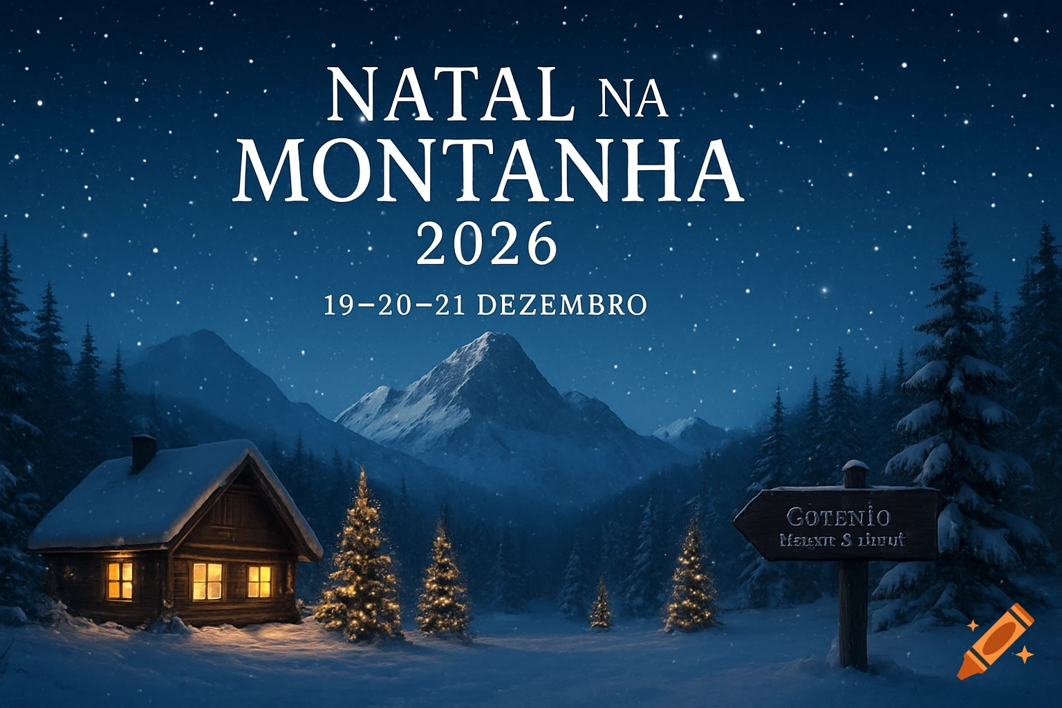 Photorealistic snowy mountain landscape at night with a warm wooden cabin, glowing Christmas trees, and event text.