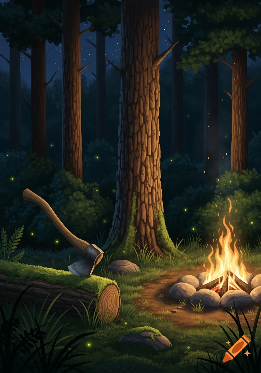 A stylized forest night scene with a glowing campfire, an axe resting on a log, and fireflies in the dark woods.