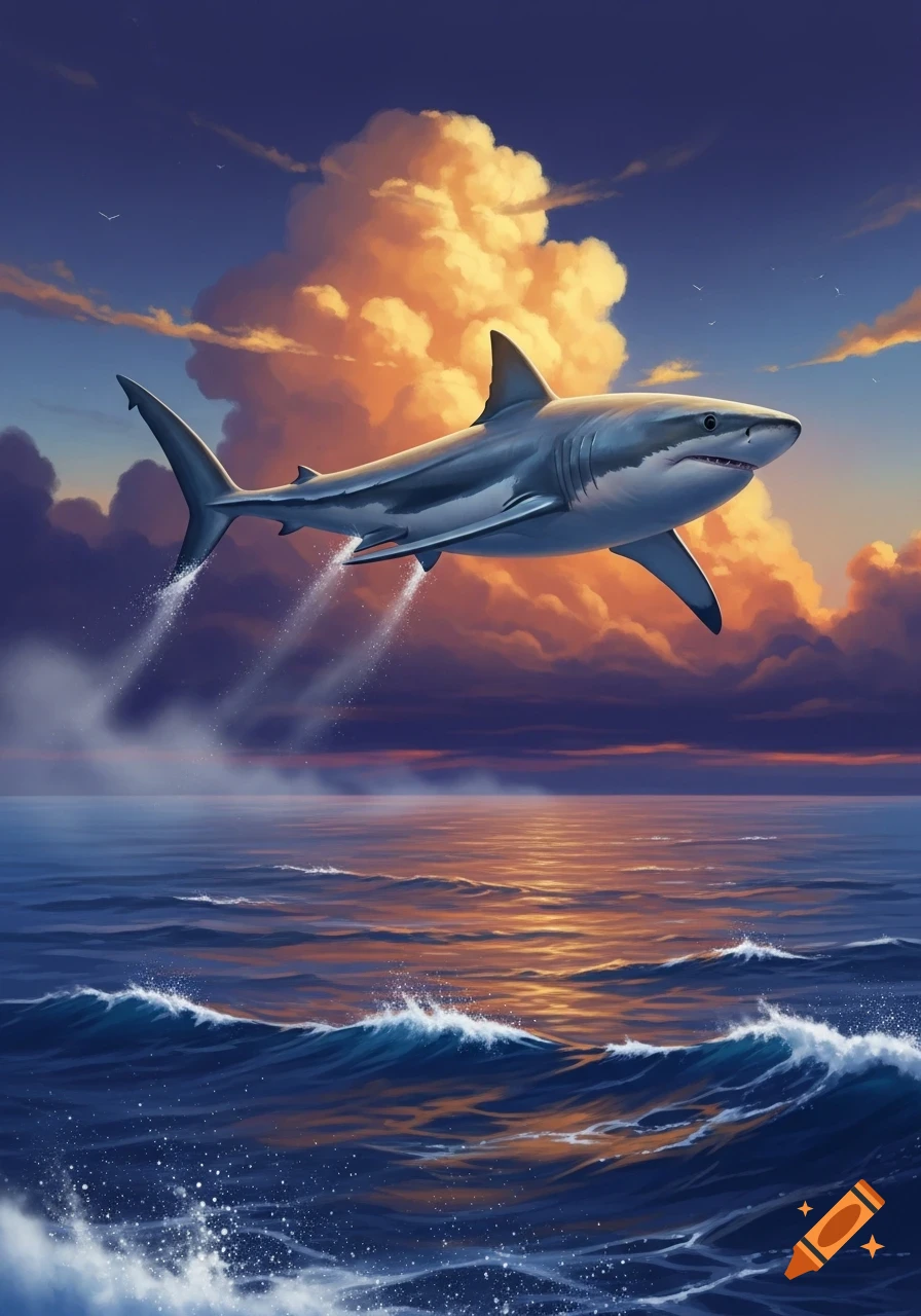 A majestic white shark leaps and flies through a colorful, cloudy sky above a serene ocean at sunset, digital art.
