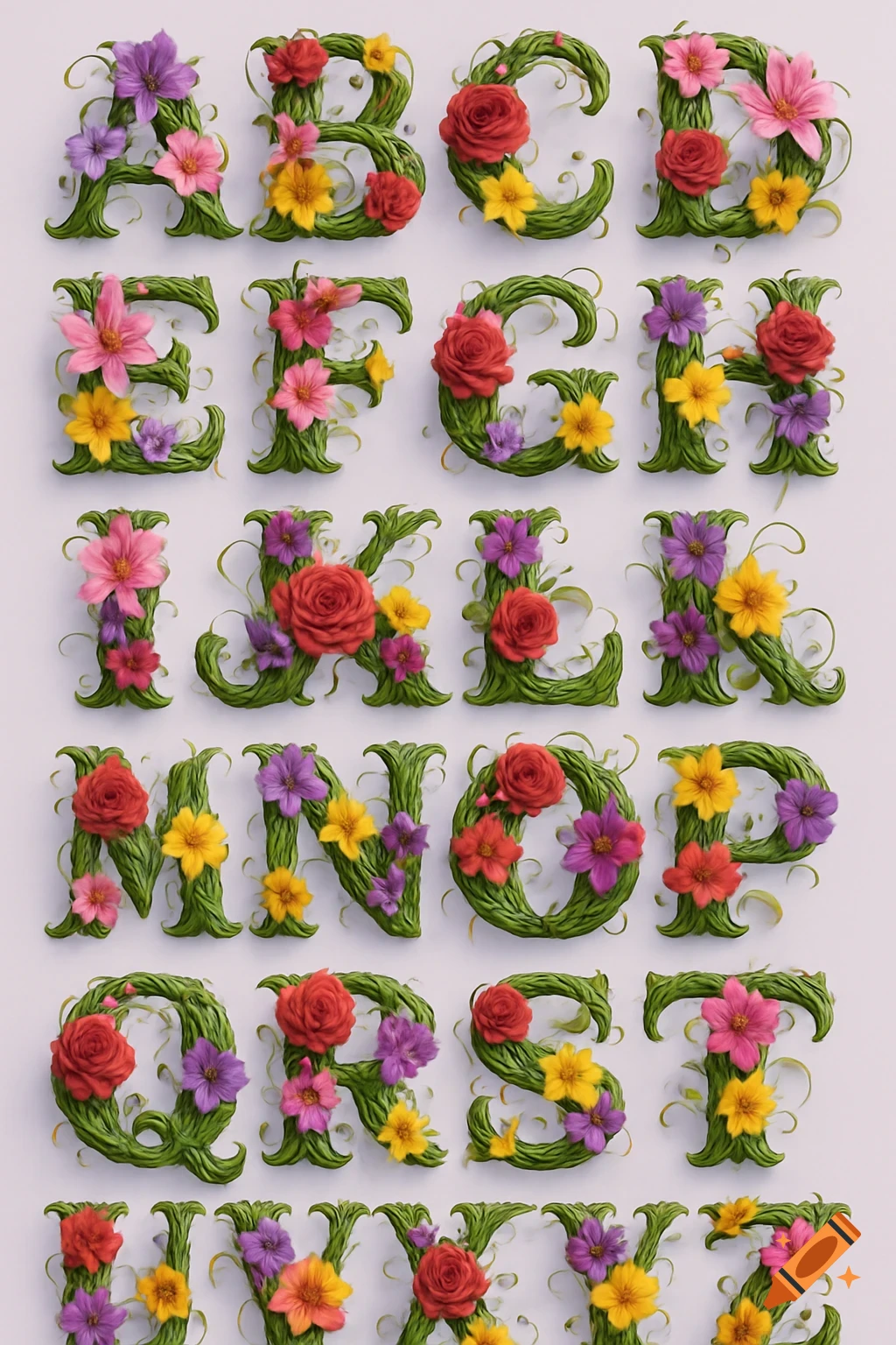 The complete alphabet from A to Z, with each letter crafted from green vines and vibrant flowers.