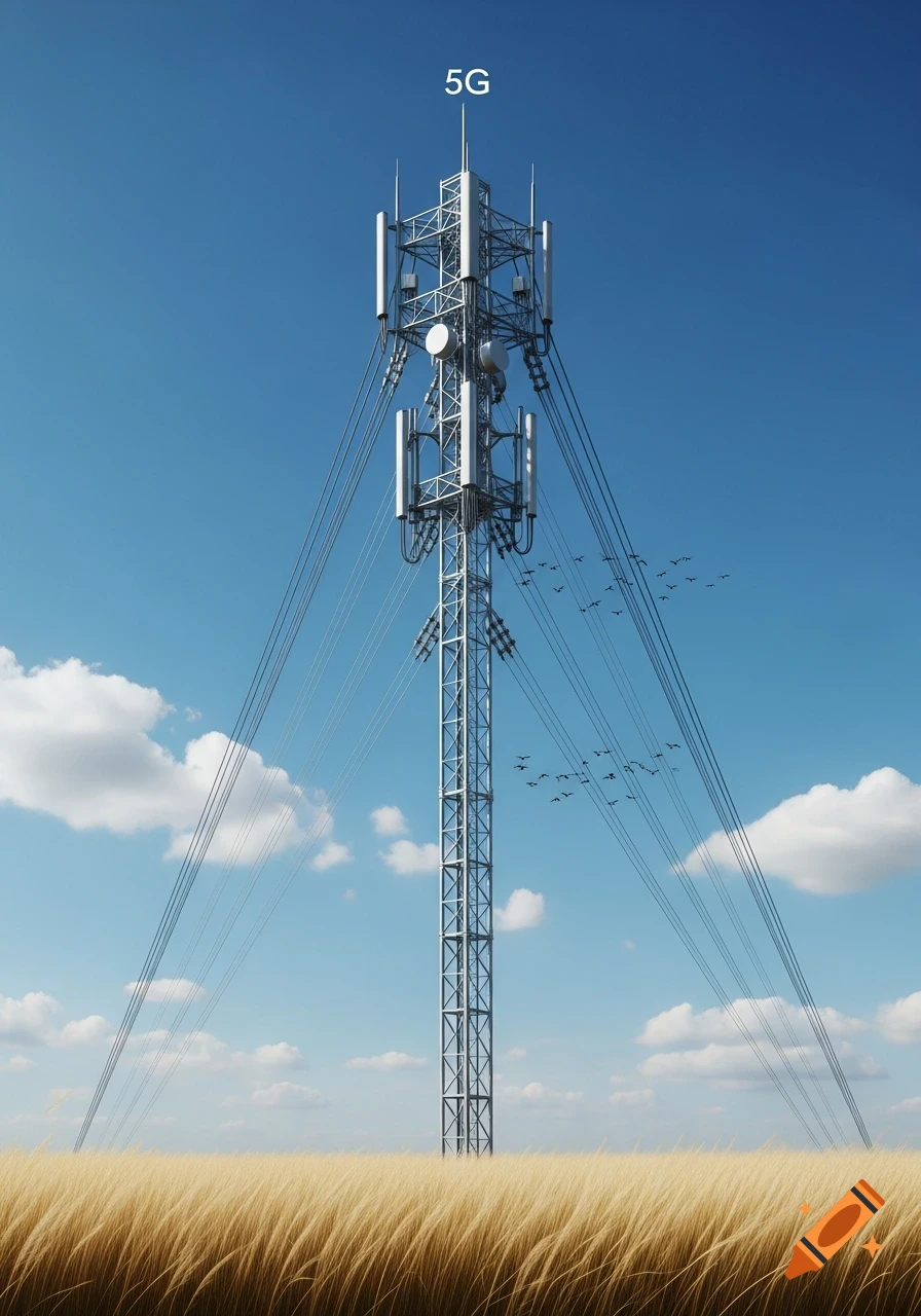 Photorealistic image of a 5G cell tower standing tall in a golden field under a blue sky with scattered white clouds.