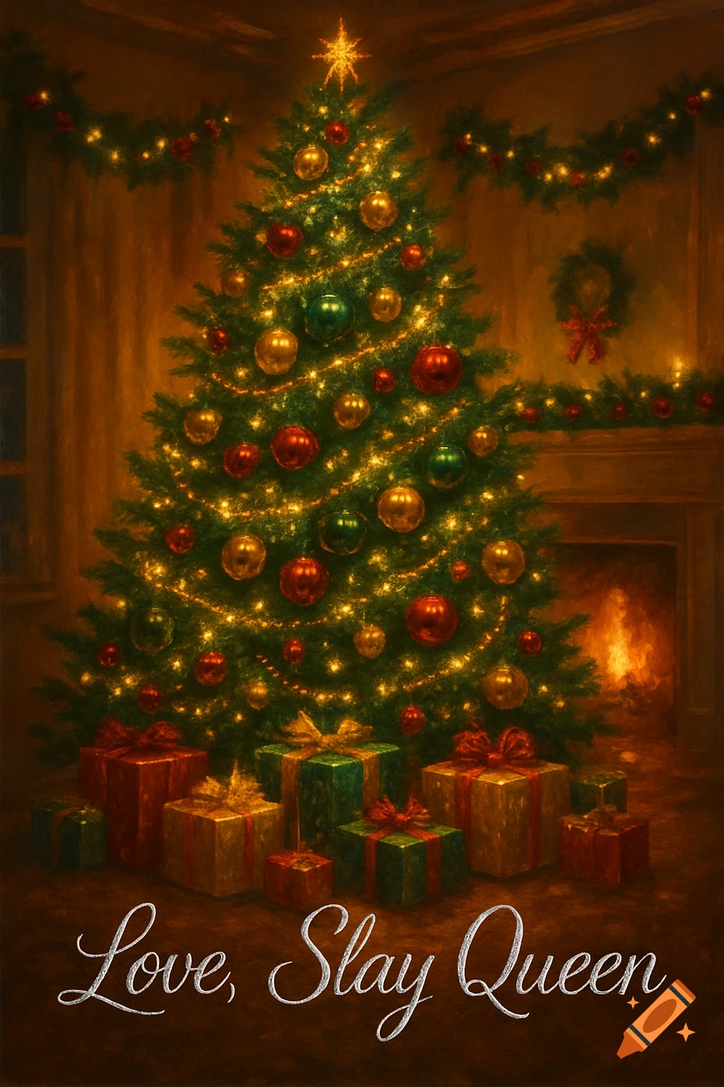 A painterly Christmas scene with a decorated tree, presents, a fireplace, and the text 'Love, Slay Queen'.