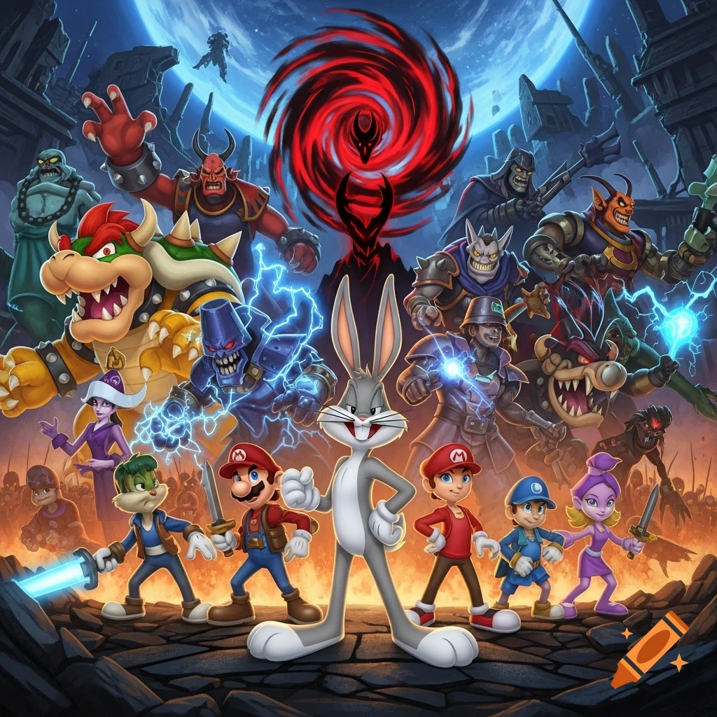 Bugs Bunny, Mario, and heroes confront a legion of villains including Bowser in a dramatic digital artwork set on a destroyed planet.