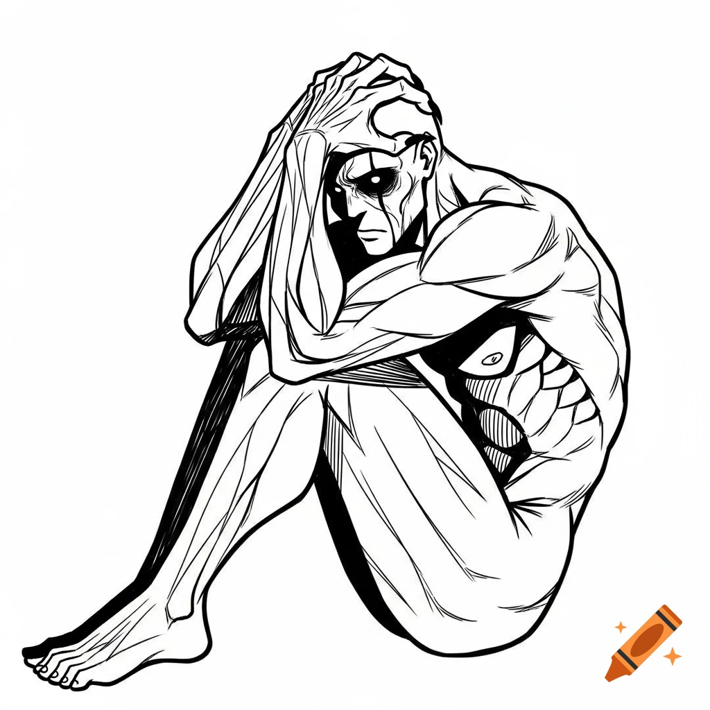 A black-and-white digital sketch of a muscular, anthropomorphic creature curled in a fetal position, gripping its head, in a minimalist and expressive style.