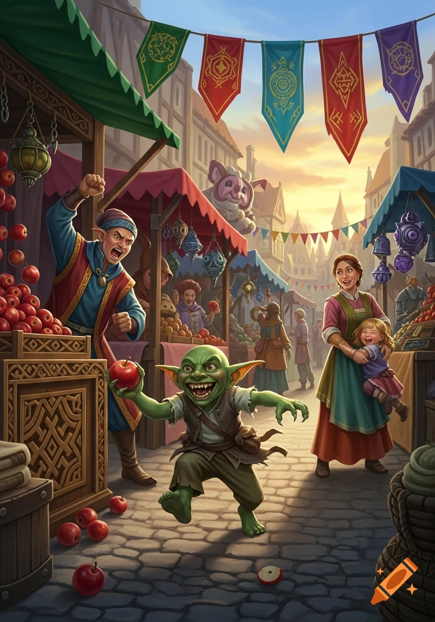 A grinning green goblin steals an apple and flees an angry merchant in a bustling fantasy market, while a mother holds her laughing daughter.