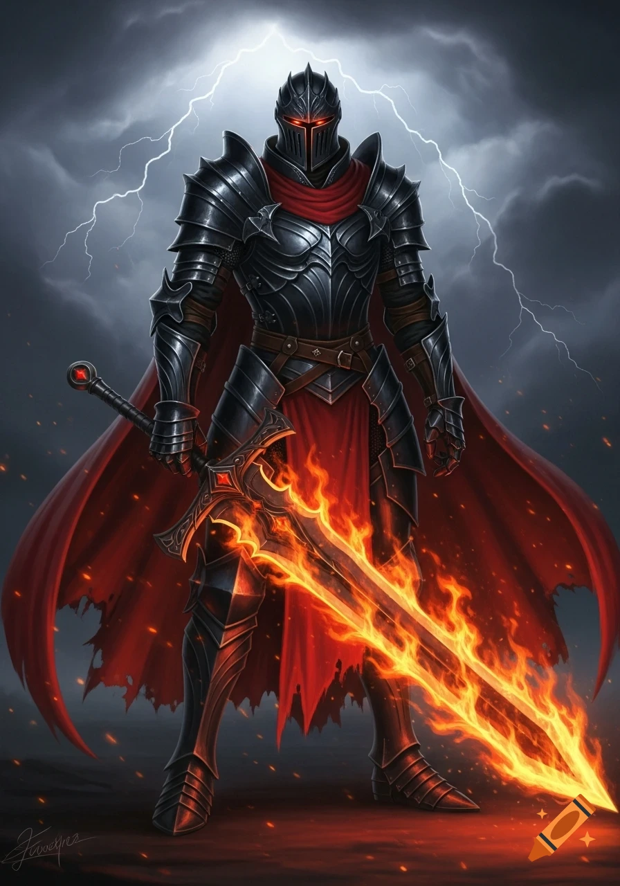 A dark knight in intricate black armor with glowing red eyes and a flowing red cape wields a blazing fiery greatsword under a stormy, lightning-filled sky.