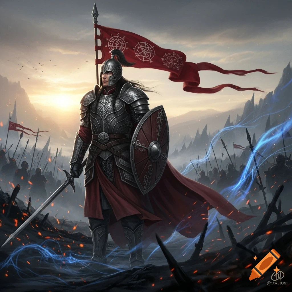 A proud armored warrior stands on a battlefield holding a sword, shield, and a red banner with symbols, against a sunset sky and distant mountains.