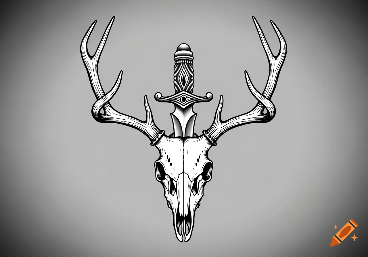 Black and white traditional tattoo style illustration of an elk skull with large antlers and a dagger plunged into its forehead.