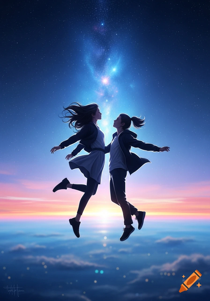 A stylized illustration of a man and woman floating above clouds at sunset, gazing at each other under a vibrant starry sky.