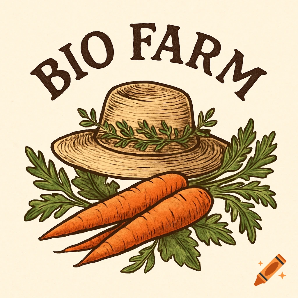 An illustrated logo for Bio Farm featuring a straw hat, two carrots, and green leaves.