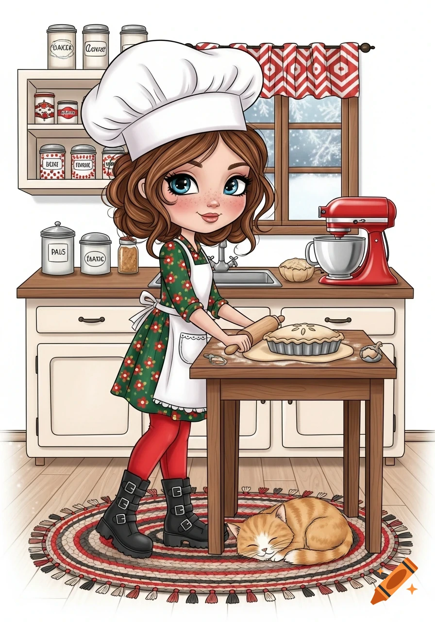 A whimsical cartoon girl with brown hair and a chef's hat bakes a pie in a kitchen with a sleeping cat on a rug.