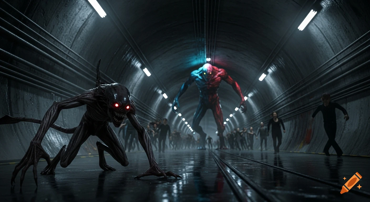 A hyper-realistic cinematic scene in a dark underground tunnel with a ...