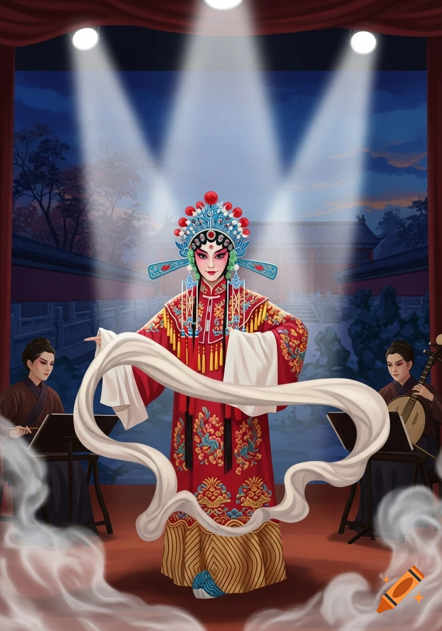 A vibrant illustration of a Chinese Peking opera performer in elaborate red costume and headdress, on stage with musicians.