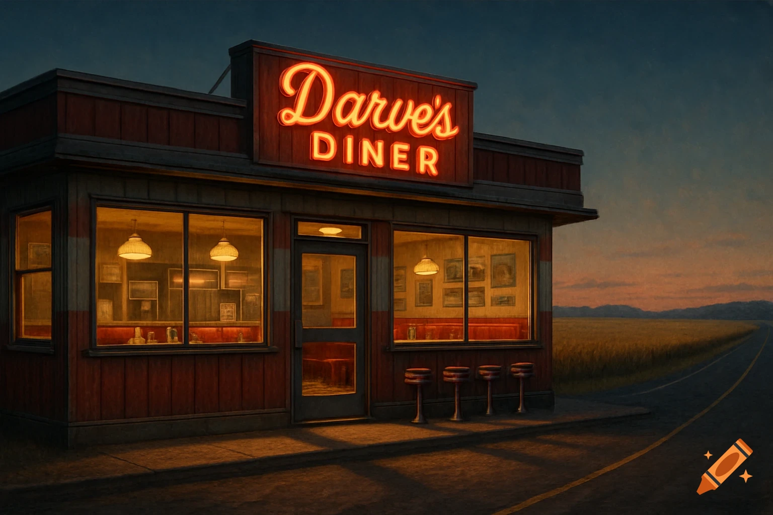 A glowing neon 'Darve's Diner' sign illuminates a roadside diner at dusk, surrounded by fields under a dark sky.