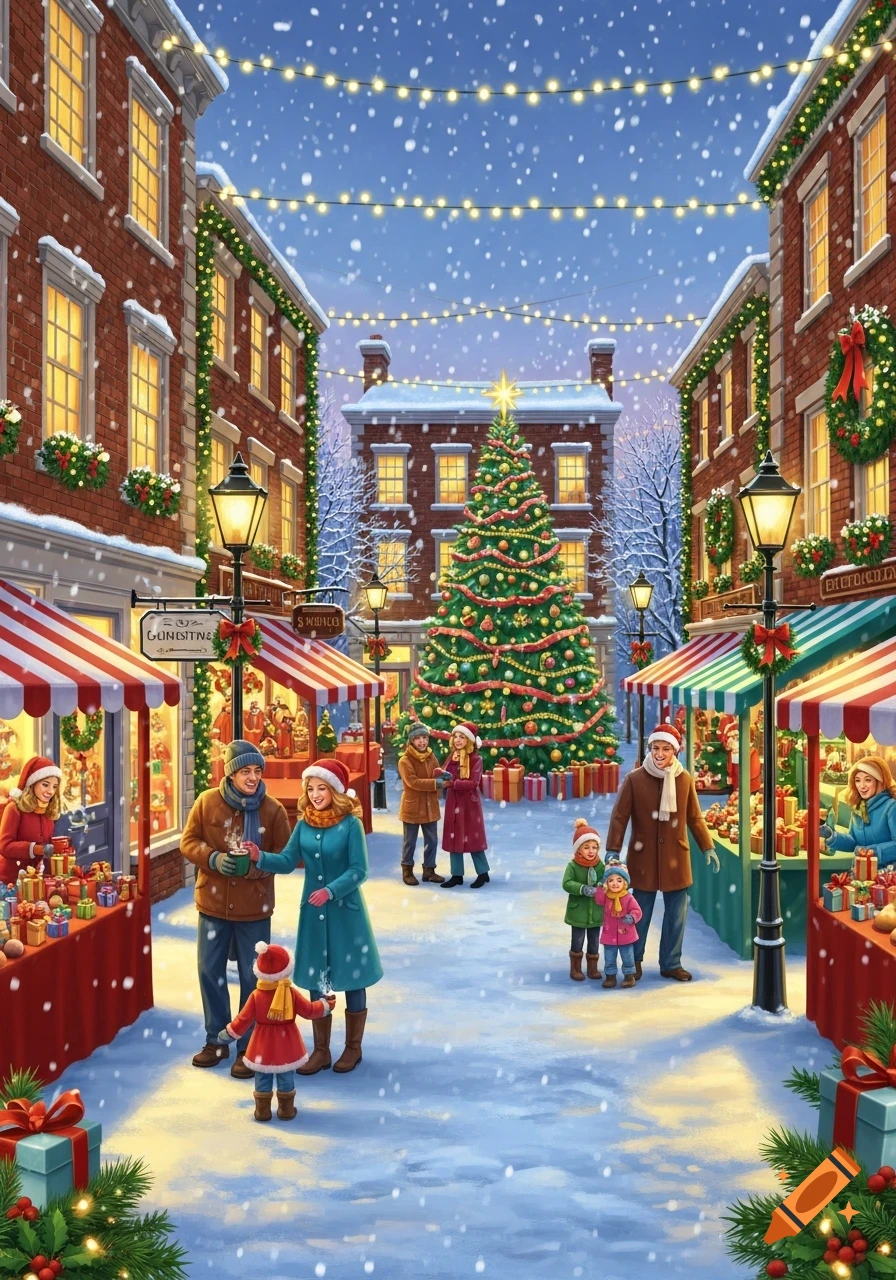 A festive Christmas market scene in a snowy town square, with a large ...