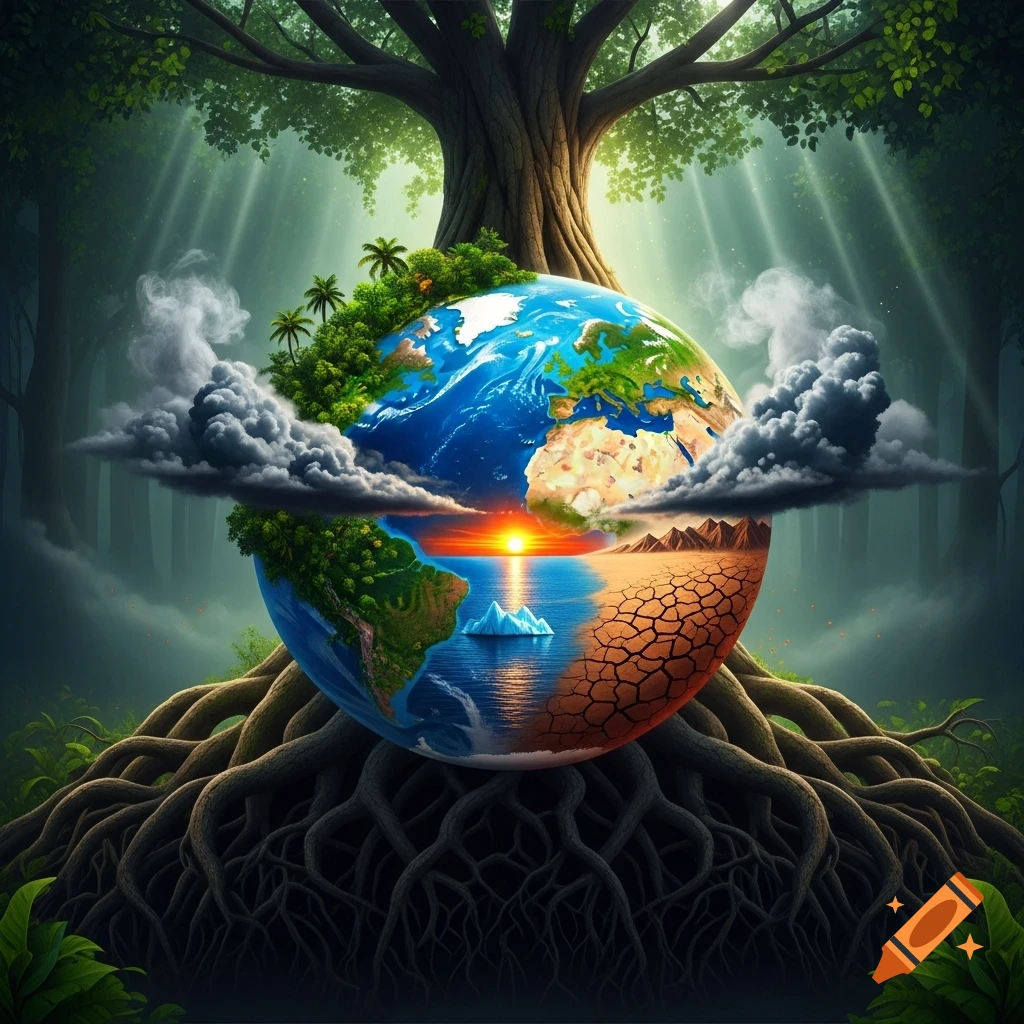 A majestic tree with sprawling roots supports a split Earth: one half lush green, the other a cracked desert with an ocean, iceberg, and sunset.