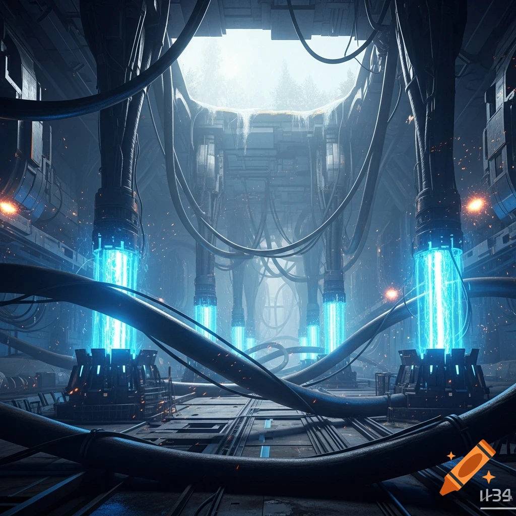 A futuristic underground chamber filled with glowing blue energy cores, intricate cables, and metal structures, with a hint of nature visible above.