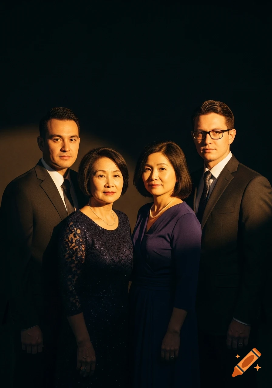 Four formally dressed people, possibly family, stand in a dramatic, warm-lit cinematic portrait against a dark background.