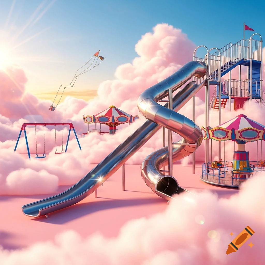 A vibrant 90s-style playground featuring a metal slide, swings, and merry-go-rounds, set among fluffy pink clouds under a bright sky.