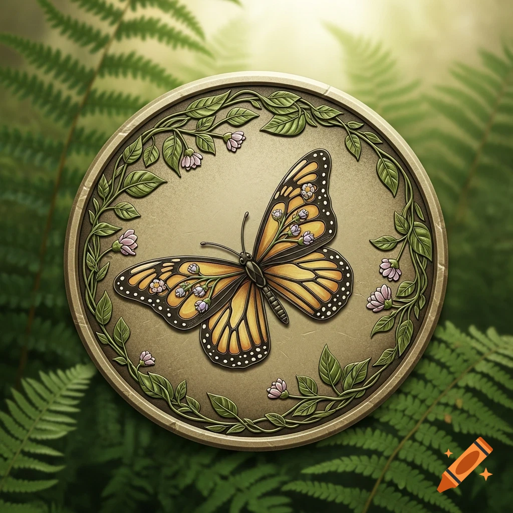 A monarch butterfly embossed on a round, ornate coin with leafy vines and small flowers, set against a blurry background of green ferns.
