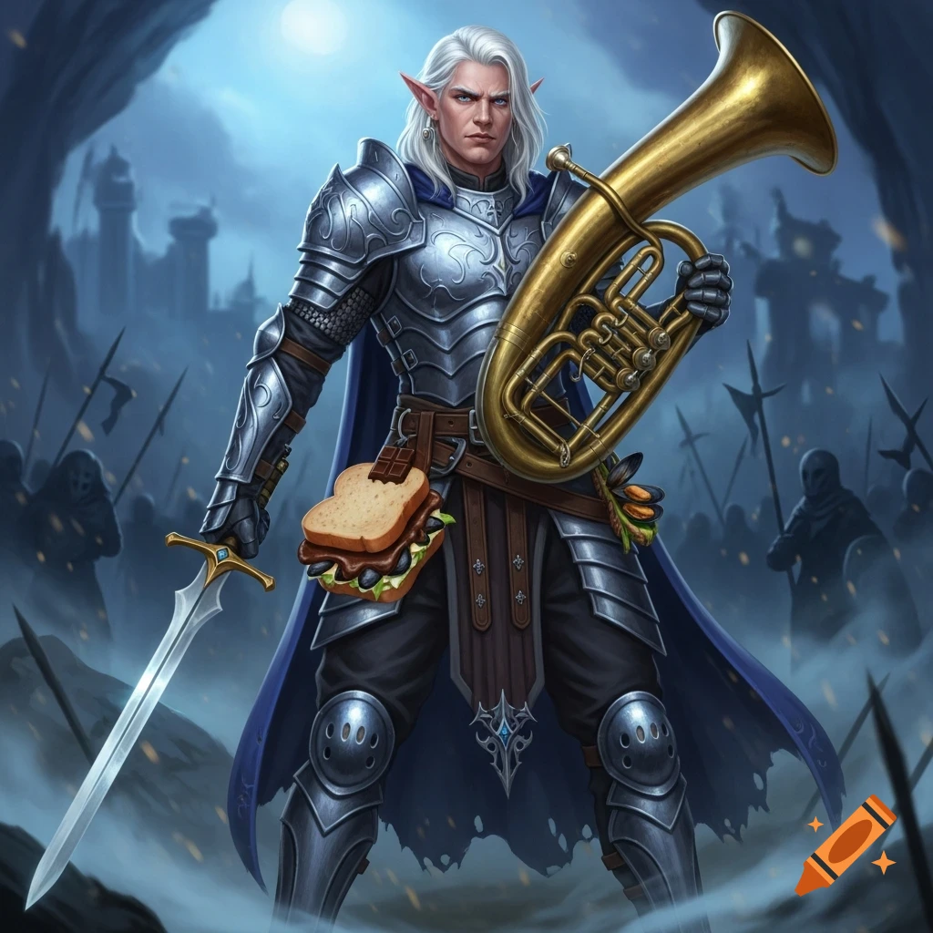 An armored male elf warrior with white hair stands in a battle-torn ...