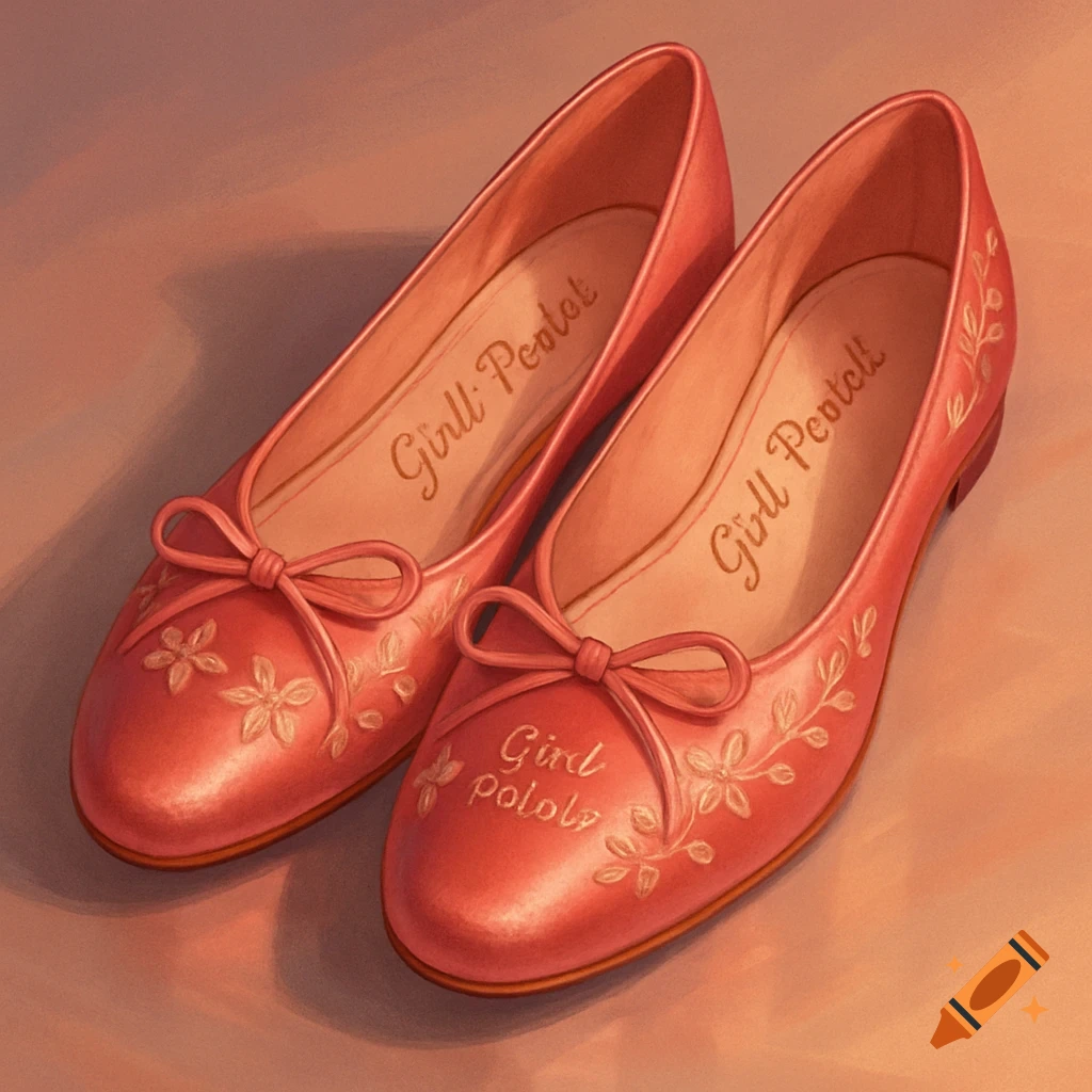 A pair of shiny pink ballet flats with bows, embroidered flowers, and garbled text on the insoles and toe.