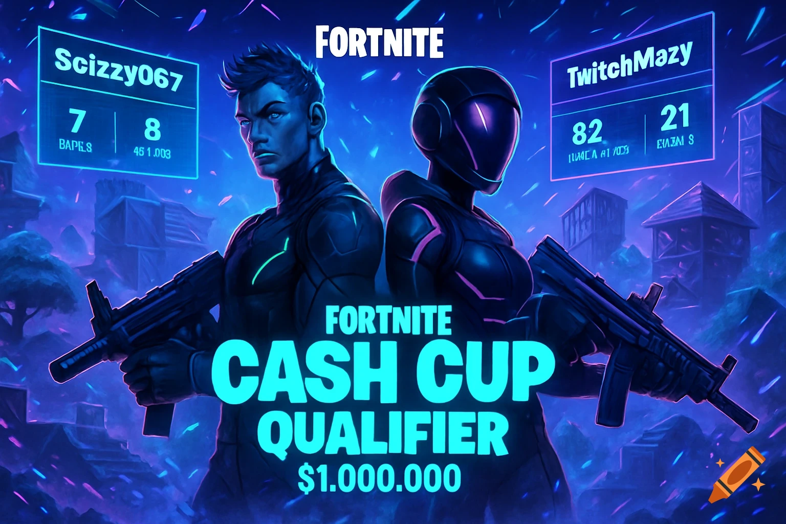Fortnite Cash Cup Qualifier promotional art with two stylized characters, one male and one armored female, holding weapons, against a futuristic cityscape background. Player names Scizzy067 and TwitchMazy are displayed in glowing scoreboards.