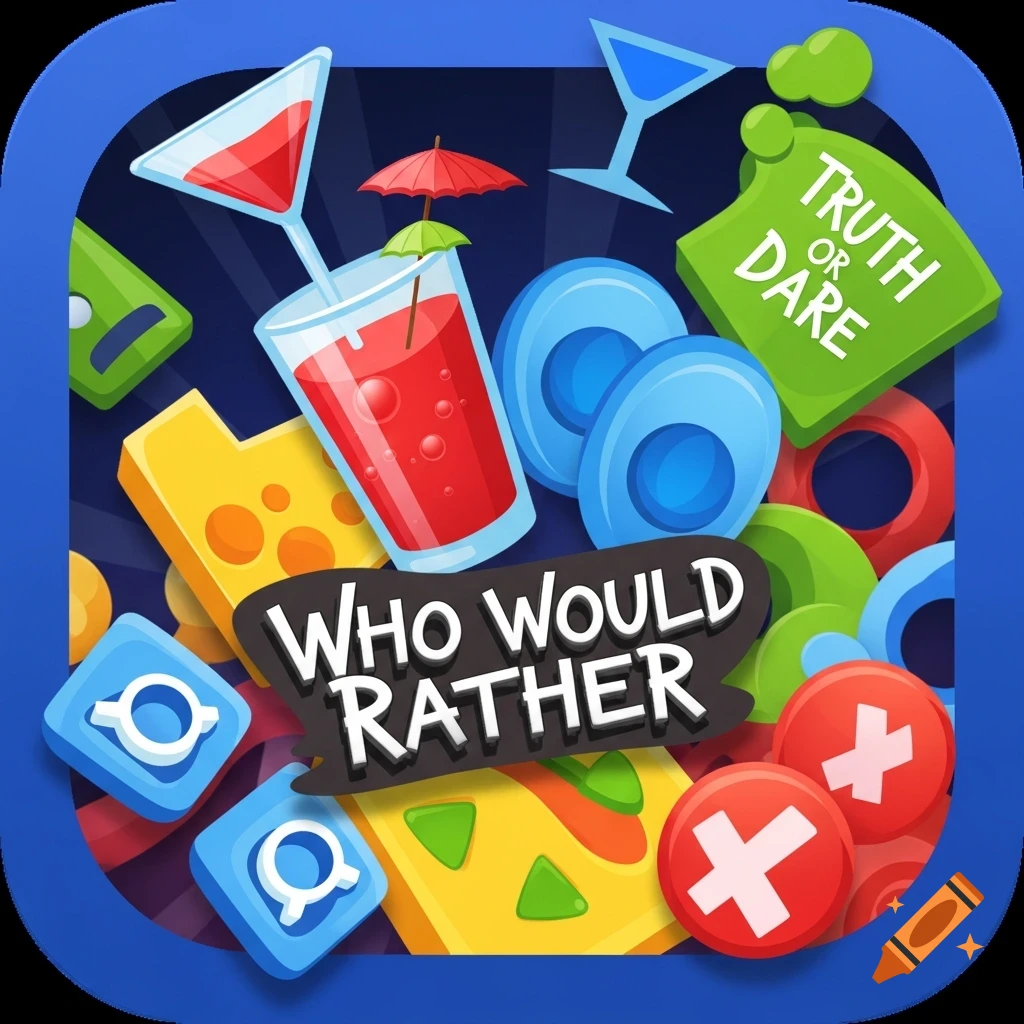 A vibrant app icon featuring game pieces, cocktails, and text "WHO WOULD RATHER" and "TRUTH or DARE" on a dark blue background.