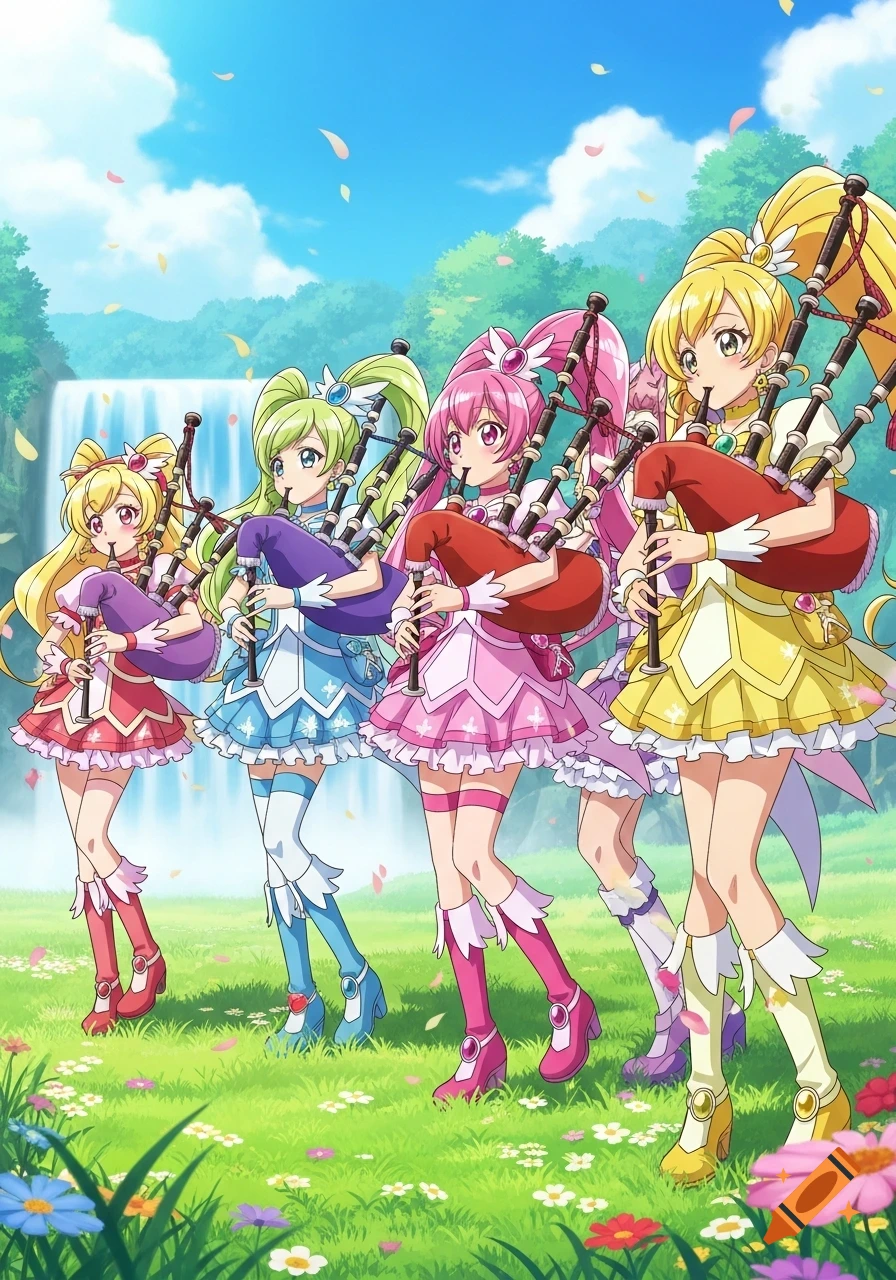 Four anime girls in colorful dresses play bagpipes in a lush green field with a waterfall under a blue sky.