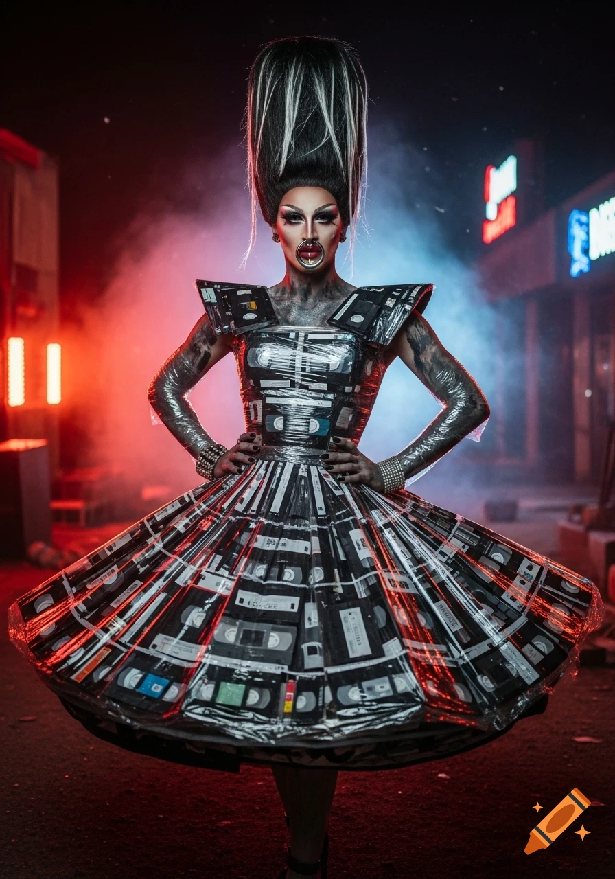 A drag queen in a futuristic, post-apocalyptic dress made of VHS tapes and plastic wrap, with tall hair, posing in a smoky, neon-lit urban setting.