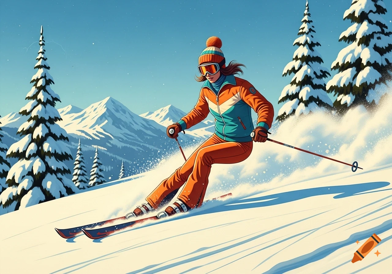 A skier in a retro-style orange and teal outfit skis down a snowy mountain slope with pine trees under a clear blue sky.