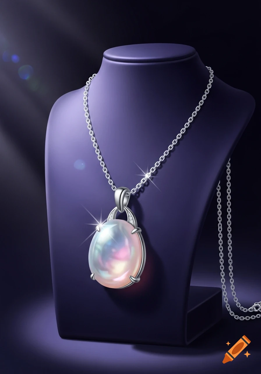 A sparkling silver chain with a large oval iridescent mother-of-pearl pendant, displayed on a purple jewelry stand against a dark background.