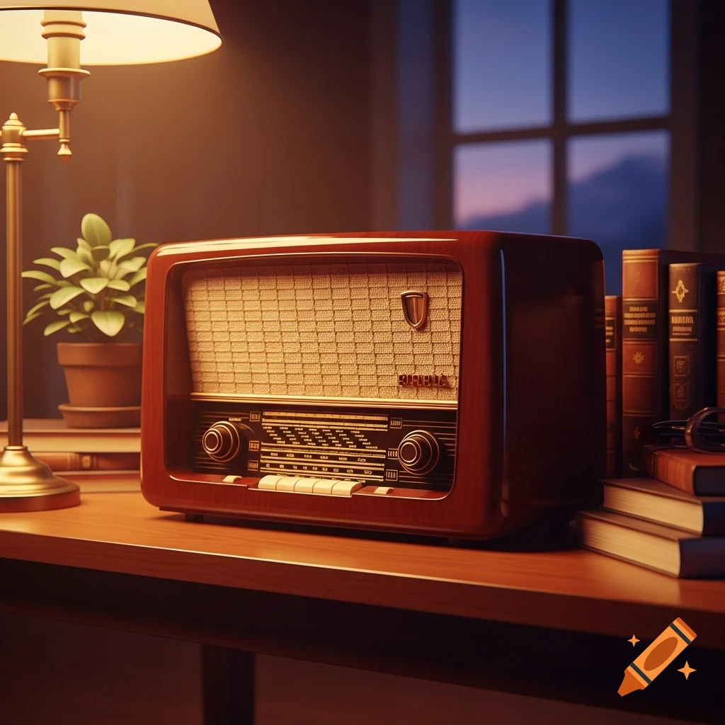 A warm glow from a brass lamp illuminates a vintage wooden radio, a small potted plant, and a stack of old books on a wooden desk. A window in the background shows a twilight sky.