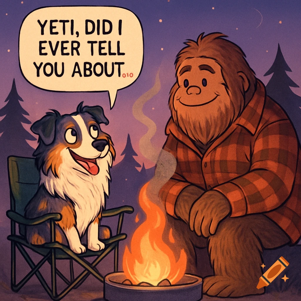 A cartoon Australian Shepherd dog sits in a camping chair next to Bigfoot, who is in a plaid shirt, both smiling by a campfire at dusk. A speech bubble above the dog says, "YETI, DID I EVER TELL YOU ABOUT.010"