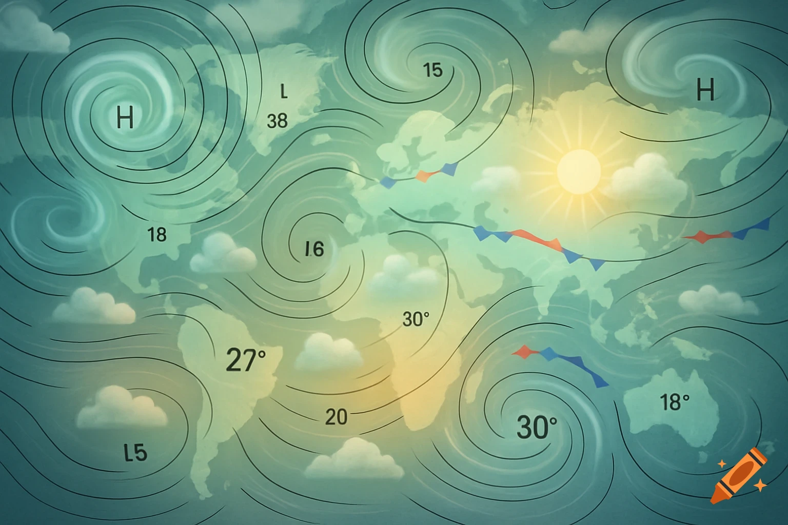 Stylized world weather map with clouds, sun, wind patterns, temperature readings, and high/low pressure systems.