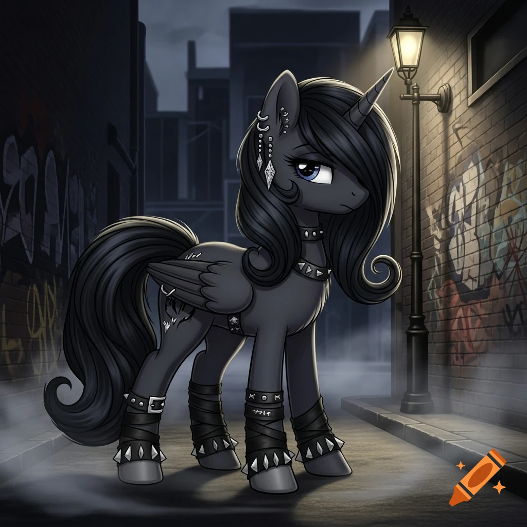 A dark emo-style unicorn pony with long black hair, silver earrings, and studded accessories stands in a foggy, graffiti-covered alley at night under a streetlamp.