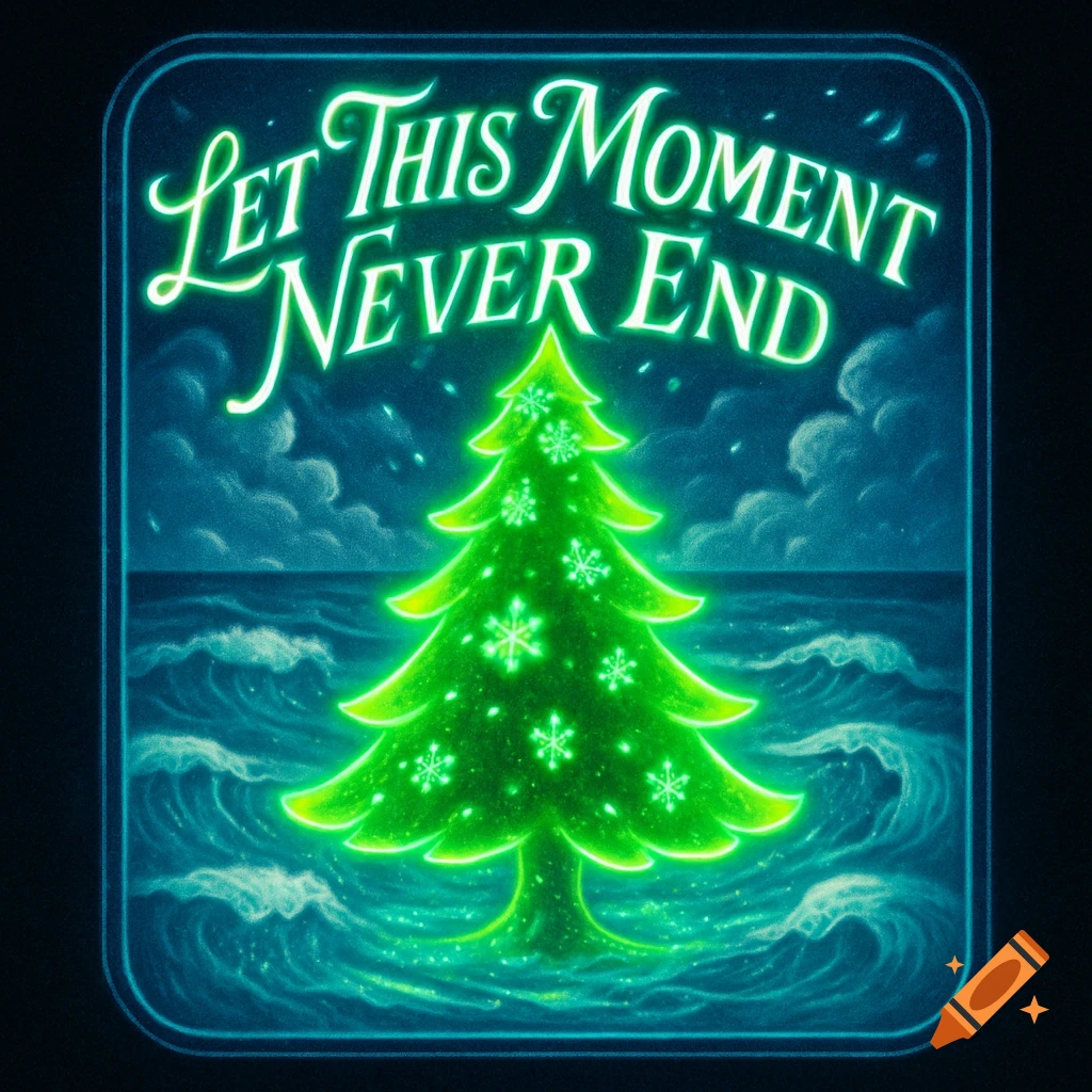 A vibrant neon green Christmas tree stands in a stormy ocean under a dark, cloudy sky, with glowing text "Let This Moment Never End" above it.