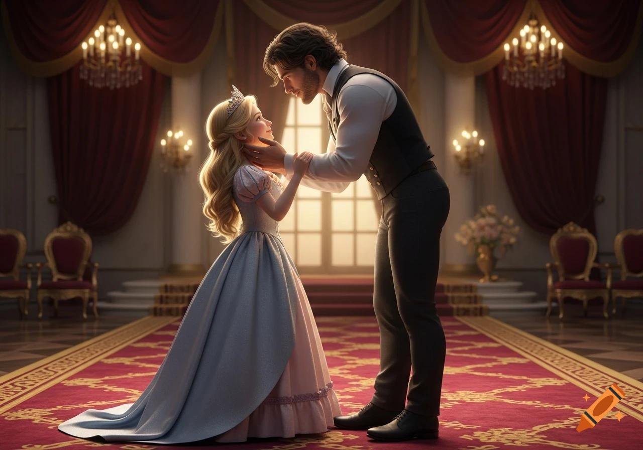 A blonde princess in a blue gown and a man share a tender moment in a lavish, red-carpeted ballroom. Digital art.